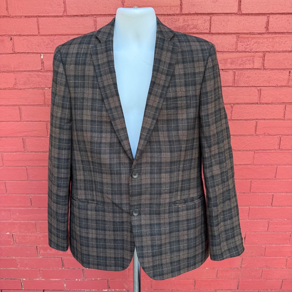 Stafford‎ Signature 42R Slim Fit Mens Brown Tartan 100% Wool Blazer Sport Coat